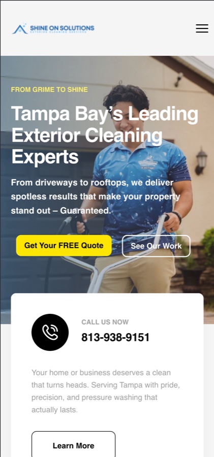 Shine On Solutions, the live site on mobile, built by Skylift