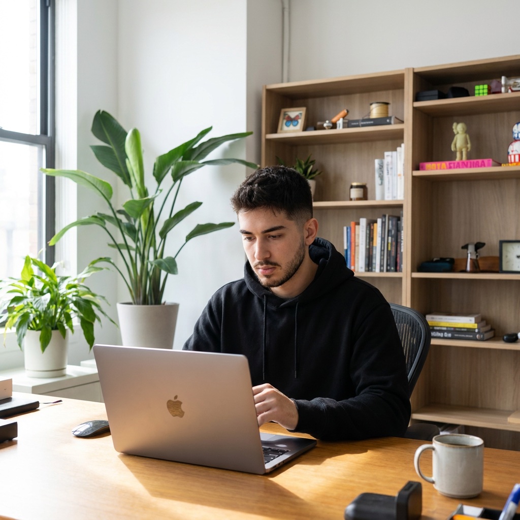 Nic Velasco working at his desk in Tampa