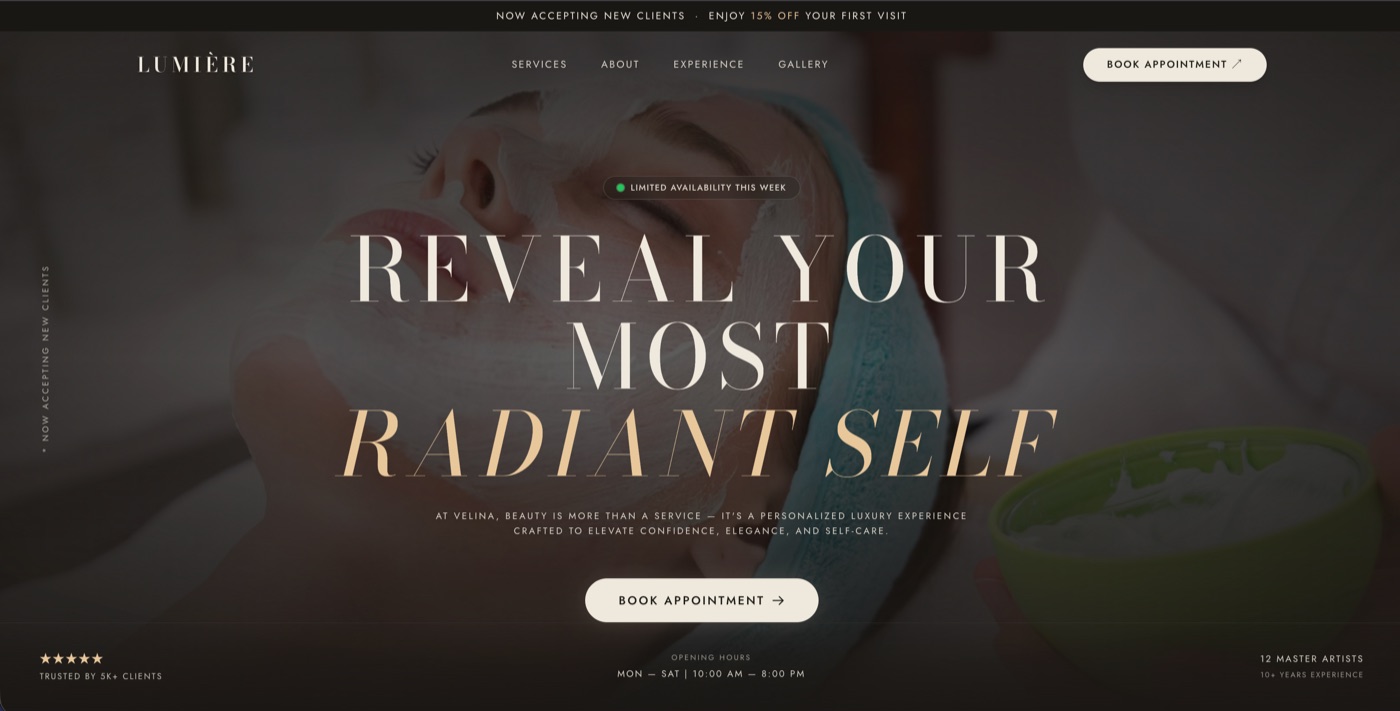 Lumière — Salon & Spa website concept designed by Skylift